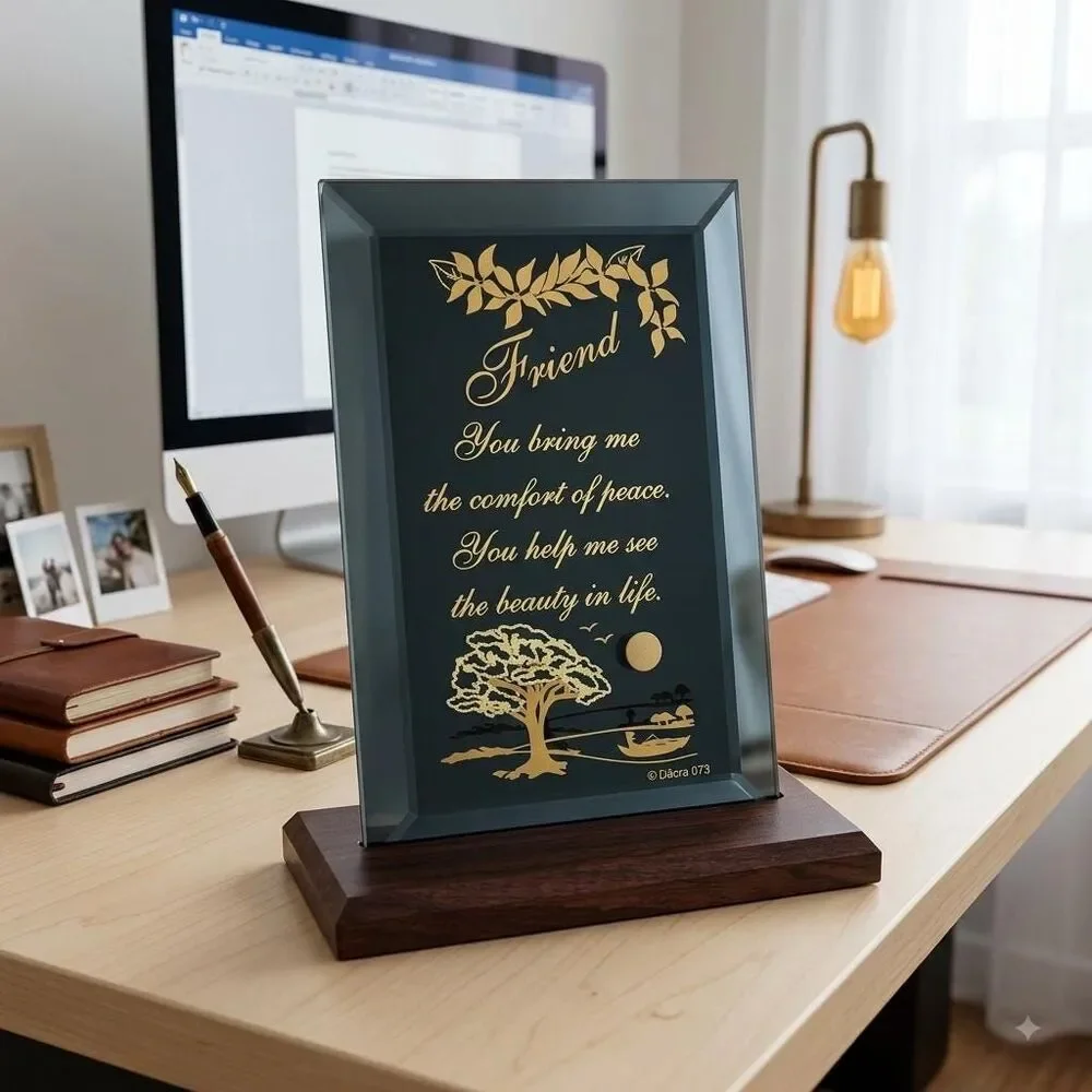 Vintage Glass Friendship Plaque with Wood Stand and Engravable Brass Plate